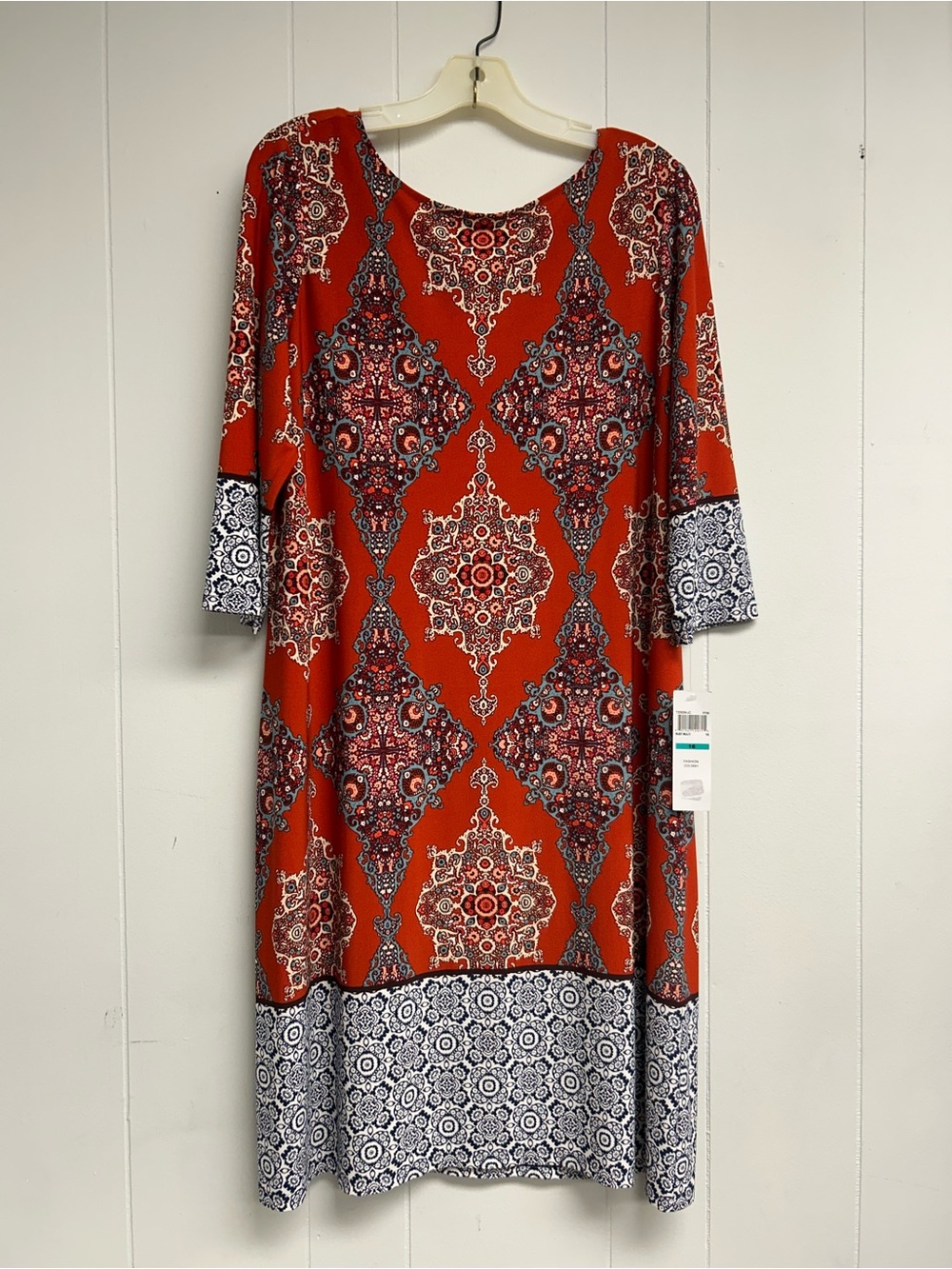 London Style Red Patterned Midi Dress with Contrast Hem
